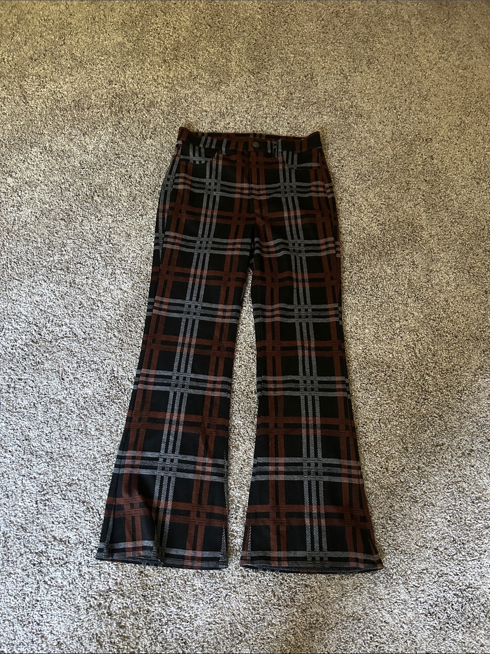American Eagle Fleece like Brown and Black Plaid Flared Pants